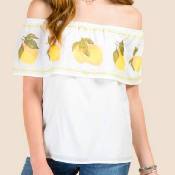 Francesca's Blue Rain Embroidered Lemons or Peaches Off the Shoulder Top Medium - Picture 3 of 14